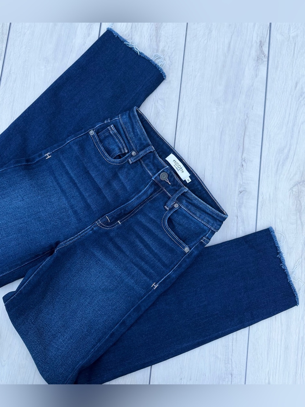 Hidden Jeans Straight Leg Deep Indigo Raw Hem High Rise 24 Baddie Y2K Minimalist - Picture 13 of 13